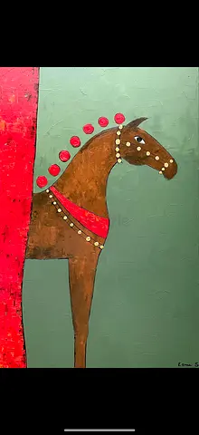 Hand-Painted Folk Art Horse on Canvas 90x60cm