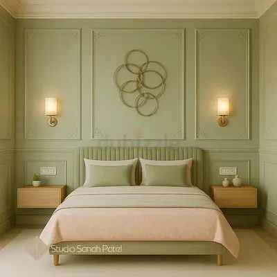 Minimalist Modern Double Bed with Padded Headboard - Light Olive Finish