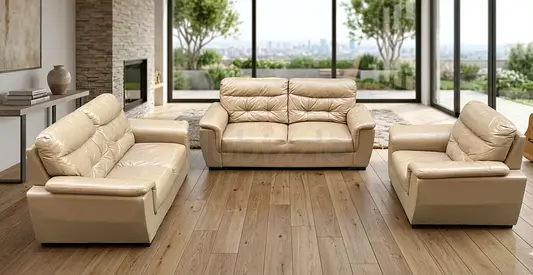 Beige Leather 3-Piece Sofa Set — Comfortable Living Room Set
