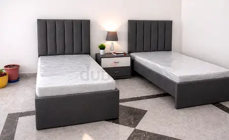 Brand New Pair of Grey Single Beds with Headboards and Nightstand - Good Condition