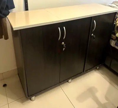 Kitchen Dark Wood Low Cabinet with Lockable Doors and White Top - 200 AED