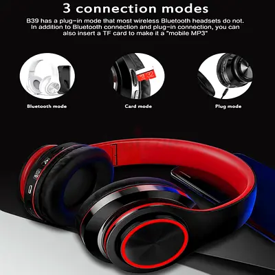 Wireless Bluetooth Foldable Over-Ear Headphones with TF Card  Aux Support (Black/Red)