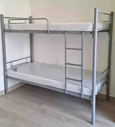 Metal Bunk Bed Frame with Two Mattresses - Silver, Good Condition