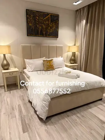 Beige Upholstered Double Bed with Headboard + Nightstands  Lamps (Set)