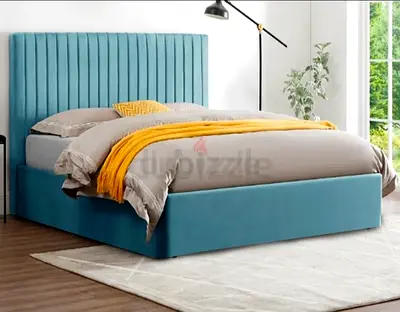 Brand New Blue Upholstered King Size Bed Frame with Tall Padded Headboard and mattress
