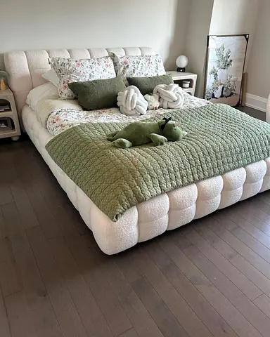 Modern upholstered king bed with tufted cream boucle frame