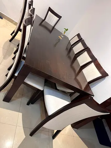 Solid Wood 10 Seater Dining Table with Upholstered Chairs - Dark Finish