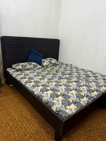 Dark Wooden Double Bed Frame with Upholstered Headboard - Good Condition