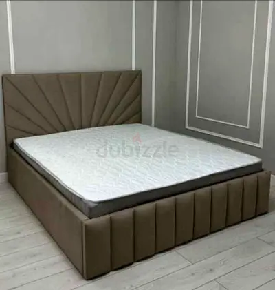 Upholstered Double Bed Frame with Padded Headboard (Brown)