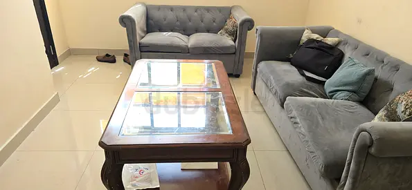 Gray Velvet 3 Seater Sofa Set with Wooden Coffee Table