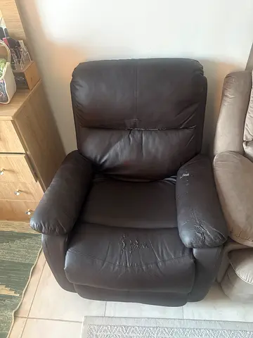 Used Dark Brown Leather Recliner Chair - Comfortable with Wear