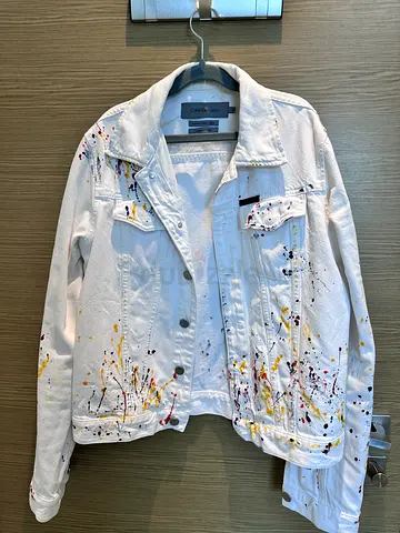 White Denim Jacket with Paint-Splatter Design, Size S