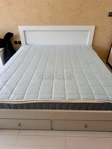 White Wooden Bed Frame with Storage and Mattress - Good Condition