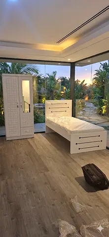 Single white wooden bed with matching wardrobe - good condition