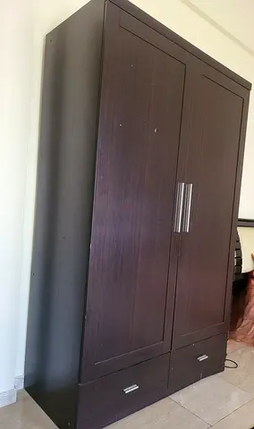 Wardrobe Dark Wood 2-Door  with 3 shelves-Hanger-Mirror  Bottom Drawers