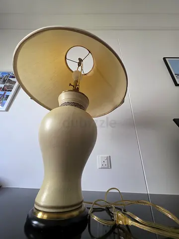 Vintage ceramic table lamp with fabric shade - cream and brass finish