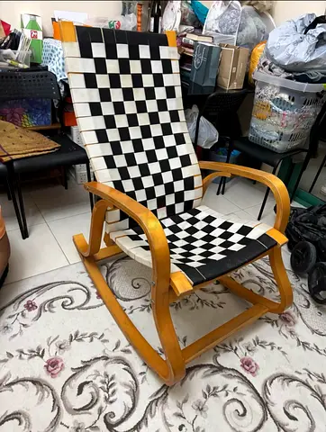 Wooden Rocking Lounge Chair with Black  White Woven Seat