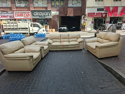 Beige Leather 3-Seater Sofa with 2 Armchairs and 1 Loveseat - Used