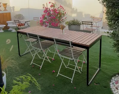 Outdoor Wooden Slat Dining Table with Metal Frame - Seats 6 with chairs