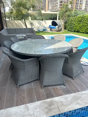 Outdoor rattan dining set with glass top - 6 chairs