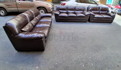 3-piece brown leather sofa set (3-seater + 2-seater + single) - good condition