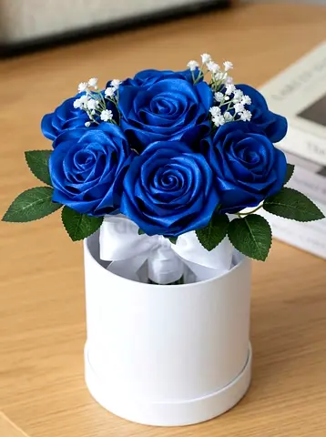 Set of Blue Artificial Roses in White Gift Box