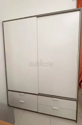 White Sliding Door Wardrobe with 4 Drawers - Good Condition