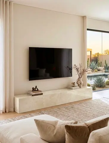 Minimalist Low TV Console /TV Unit in Crema ono  Marble Finish