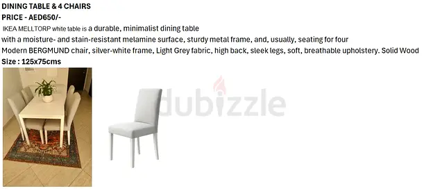 IKEA MELLOTRØ white dining table with 4 BERGMUND chairs - Light Grey fabric