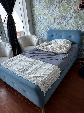 Home centre Light Blue Upholstered Single Bed Frame with Headboard and Footboard  Whisper mattress