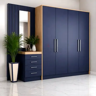 Modern 4-Door Wardrobe with Drawers and Mirror - Navy Wood Finish
