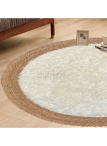 Round 100cm Shaggy Area Rug with Braided Border - Cream
