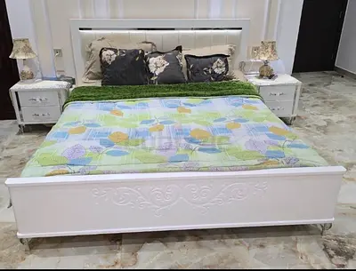 White Wooden Double Bed with Headboard - Good Condition