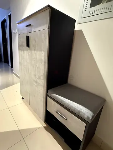 Compact wardrobe with storage bench — grey/black finish