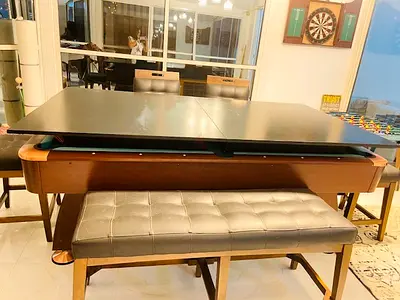 Convertible Pool Table with dining table Top and Seating Bench with chairs