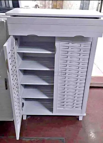 Brand New White Wooden Shoe Cabinet with Louvered Doors