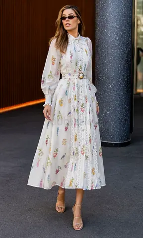 Floral Print Midi Dress With Lace Details  Matching Belt