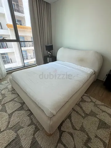 Beige Upholstered Double Bed with Headboard - Good Condition