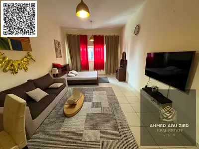 Luxurious furnished studio, free parking, equipped kitchen, pool, garden, premium finish, prime location, easy access to Dubai & Sharjah
