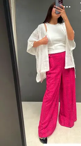 Pink Eyelet Wide-Leg Pants
