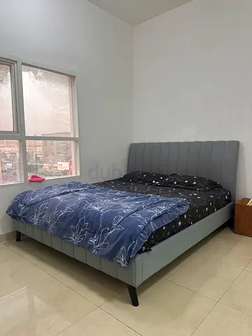Upholstered Grey Double Bed Frame with Headboard and Nice Mattress - Good Condition