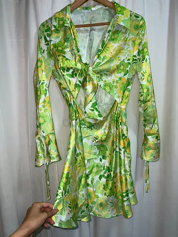 Lightweight Green Floral Womens Blouse - Long Sleeve, Tie-front