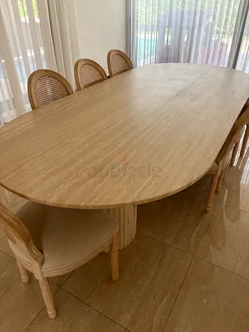 Solid Travertine Oval Dining Table with 7 Chairs - Light Oak finish and Linen