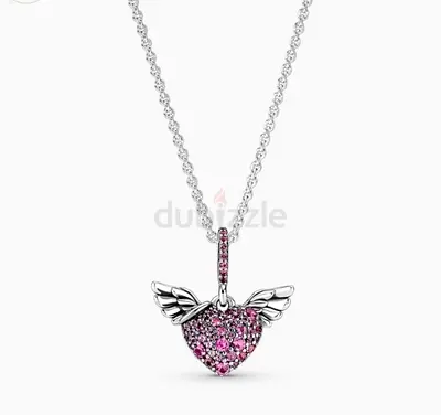 Authentic Pandora Pink Pave Heart Angel Wings Pendant Necklace Sterling