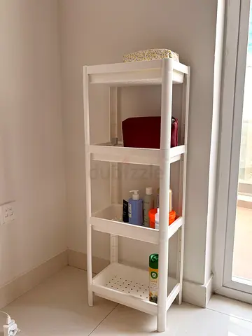 White Wooden Narrow Bathroom Shelf Unit — 4-Tier Storage