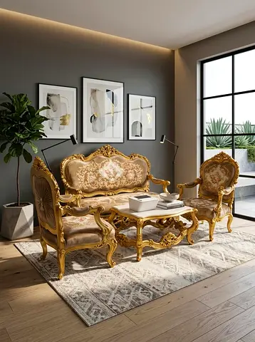 Ornate Gold-Trim Classic Sofa Set with Armchair and Coffee Table