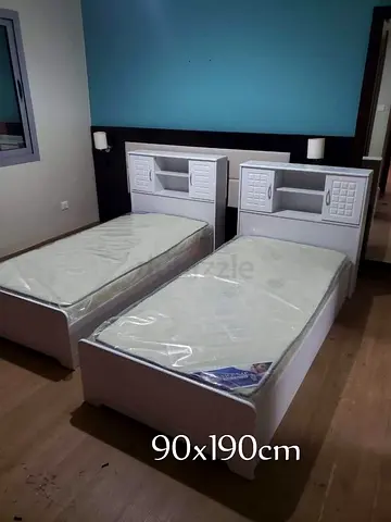 Pair of Single Beds with Headboards and Mattresses – 90x190cm