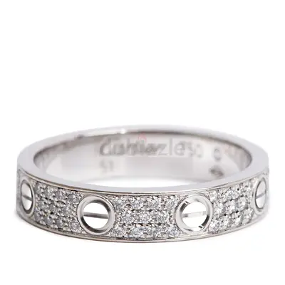 Authentic Cartier 18k White Gold Paved Diamond 4 MM Love Ring, Small Model Size 51 5.75