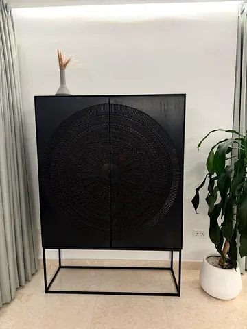 Crate  Barrel Original Black Carved Wooden Cabinet on Metal Frame - Decorative Sideboard