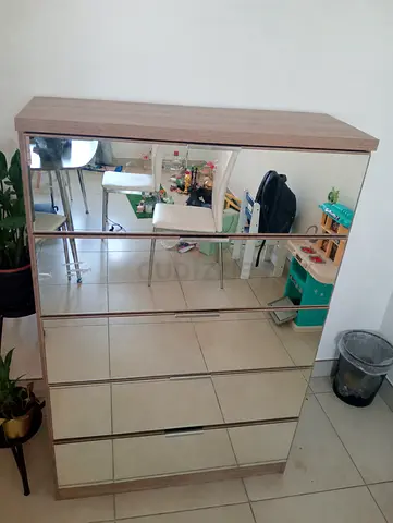 Mirror-front Chest of Drawers — 5 Drawer Dresser in Light Wood